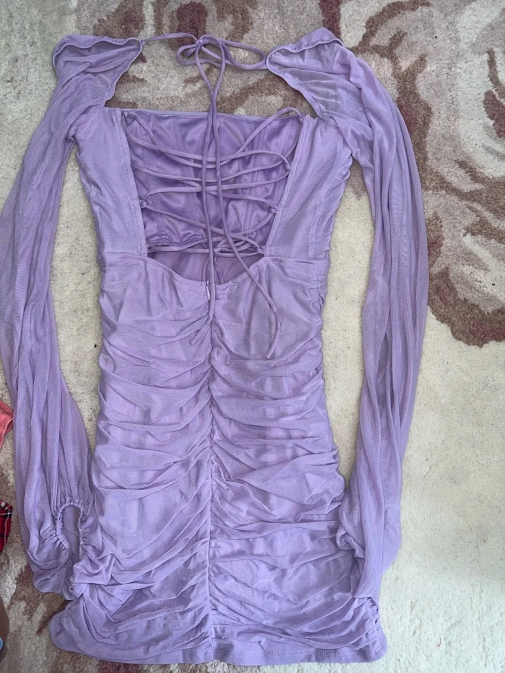 NWOT Lucy in the Sky Lavender Ruched Wrap Power Mesh Long Sleeve Mini Dress - Picture 9 of 12